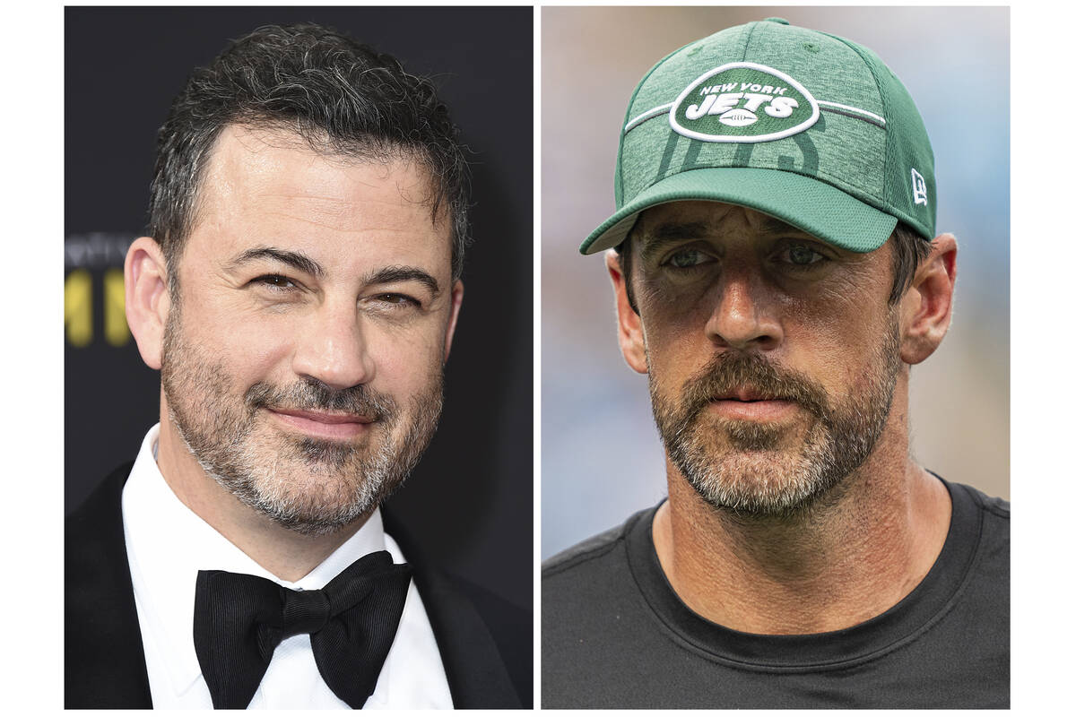 Jimmy Kimmel, left, is shown in a Sept. 14, 2019, file photo, in Los Angeles. New York Jets qua ...