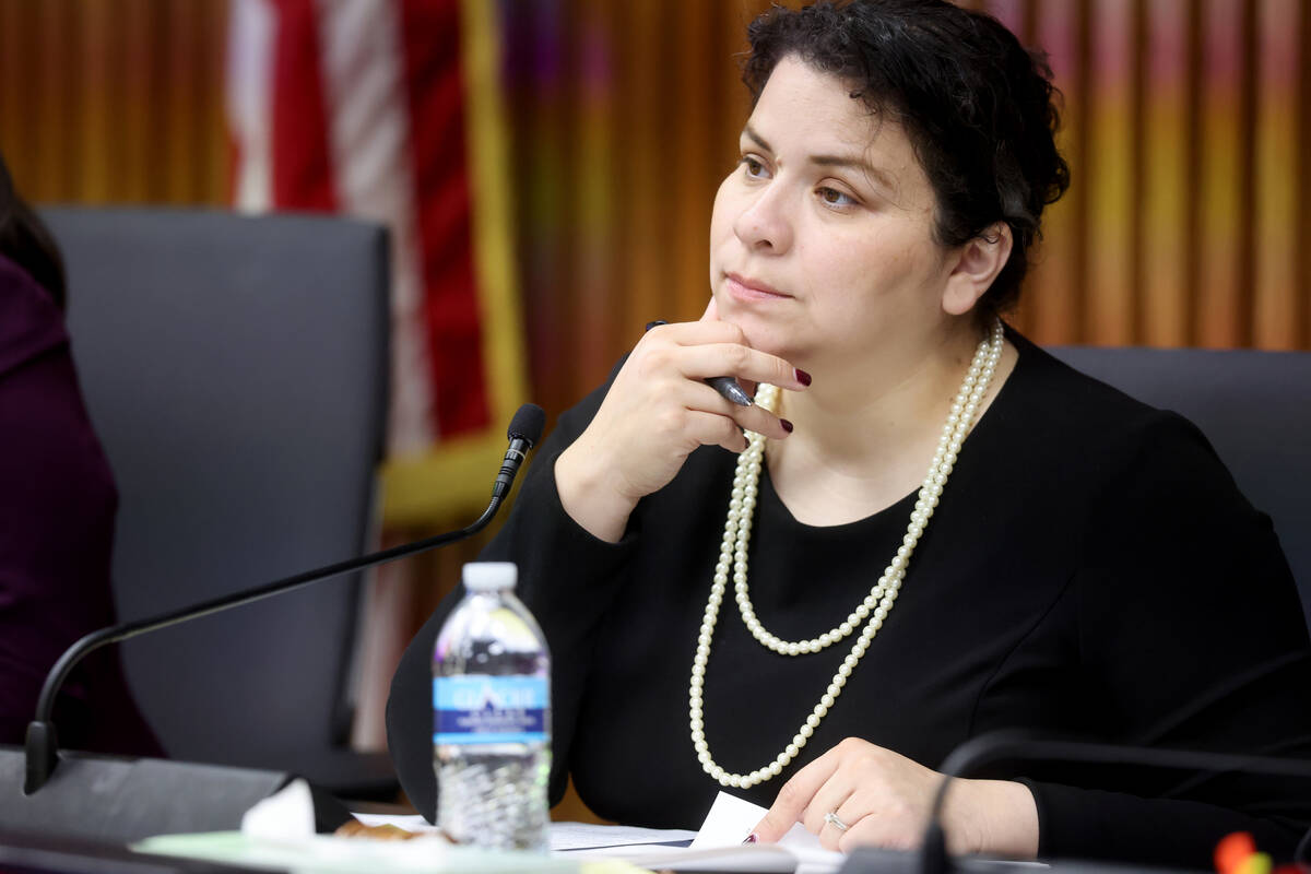 Clark County School Board President Evelyn Garcia Morales listens to testimony during a meeting ...