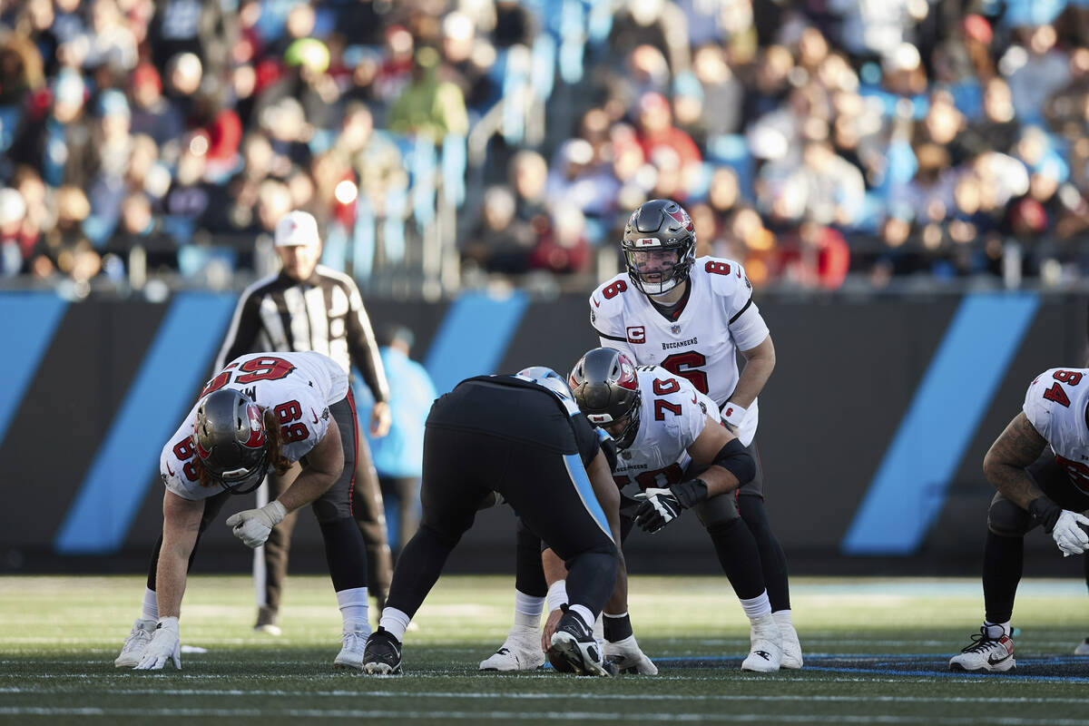 Tampa Bay Buccaneers quarterback Baker Mayfield (6) lines up under center against the Carolina ...