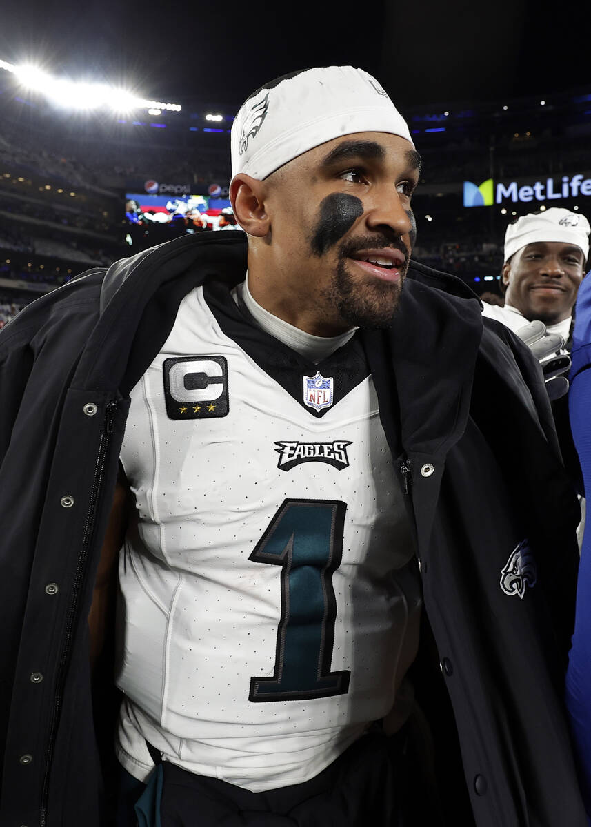 Philadelphia Eagles quarterback Jalen Hurts (1) runs off the field after a loss to the New York ...