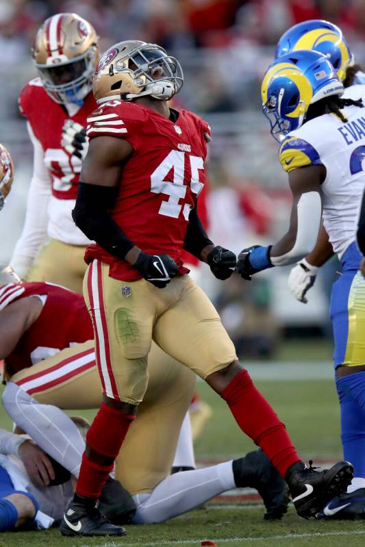 San Francisco 49ers linebacker Demetrius Flannigan-Fowles (45) reacts after a stop during an NF ...