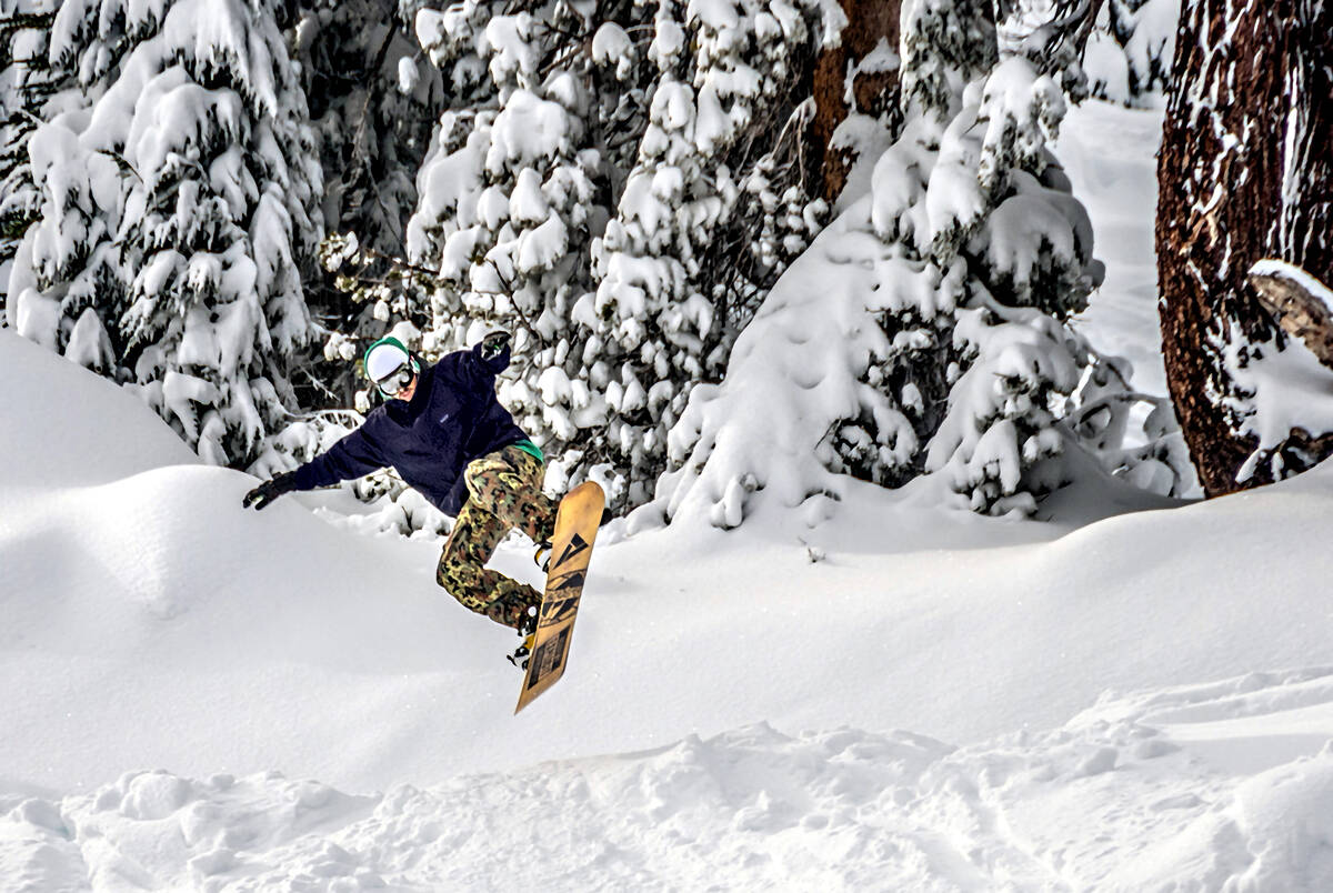 Snowboarder takes to the air during a run at Mount Rose Ski Tahoe. (Maria Coulson/Special to th ...