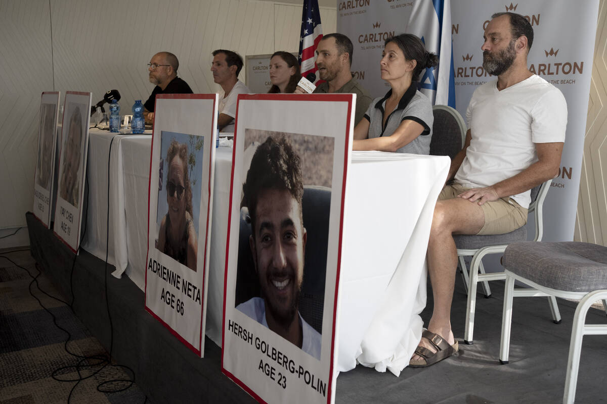 FILE - Rachel Goldberg, second right, mother of Hersh Goldberg-Polin, 23, and Jonathan Polin, ...