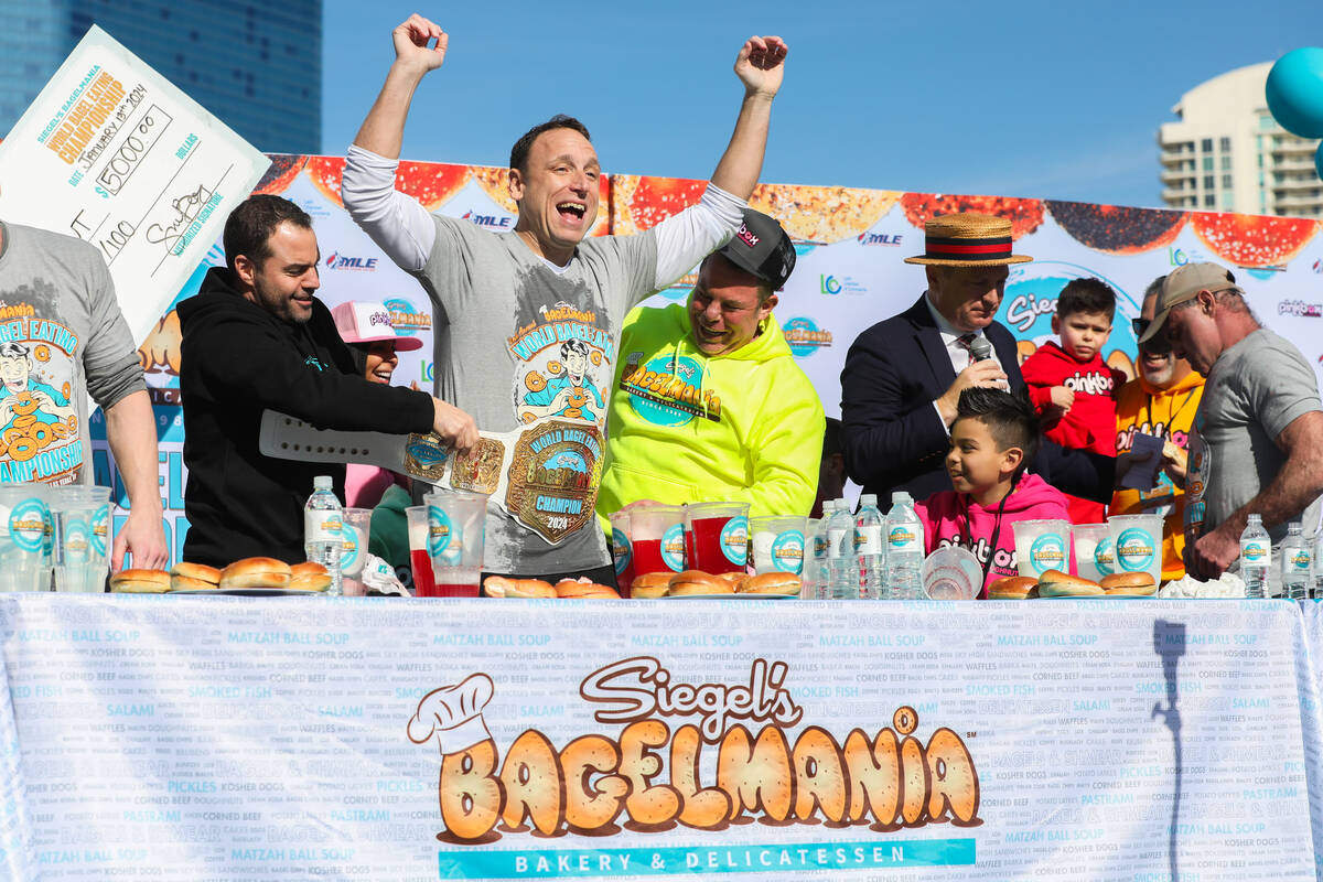 Joey Chestnut, No. 1 ranked competitive eater, celebrates winning the Siegel’s Bagelmani ...