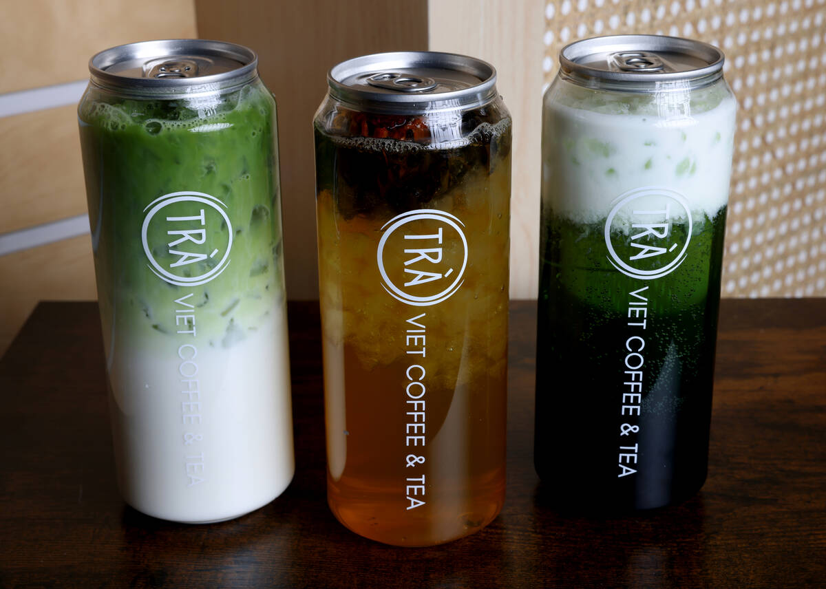 Matcha latte, from left, Jasmine Flower iced tea and Red Bull boba drinks are shown at the rece ...