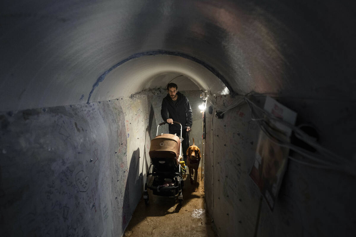 An Israeli man pushes his baby cart and walks his dog through an installation simulating a tunn ...