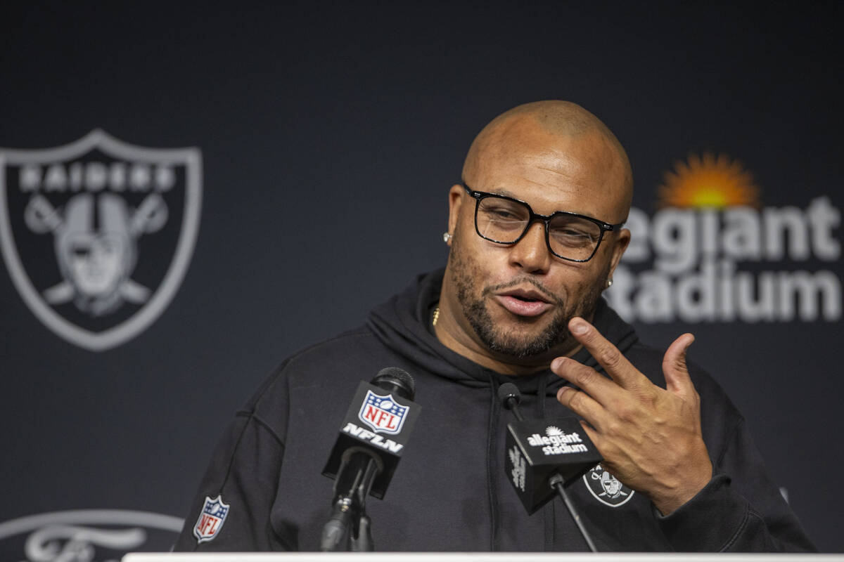 Raiders interim head coach Antonio Pierce answers questions from the media following the team&# ...