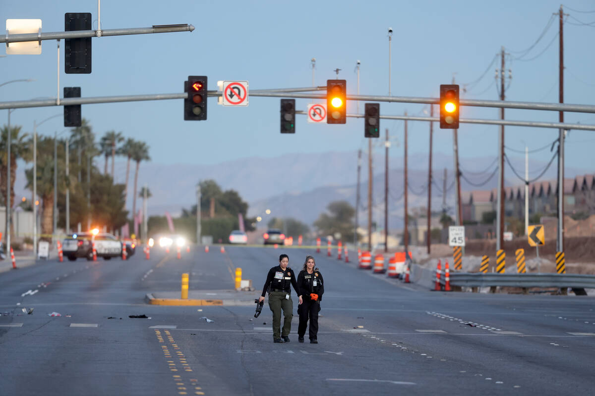 Police investigate a fatal crash involving a motorcycle and a RTC bus at Tropicana Avenue and J ...