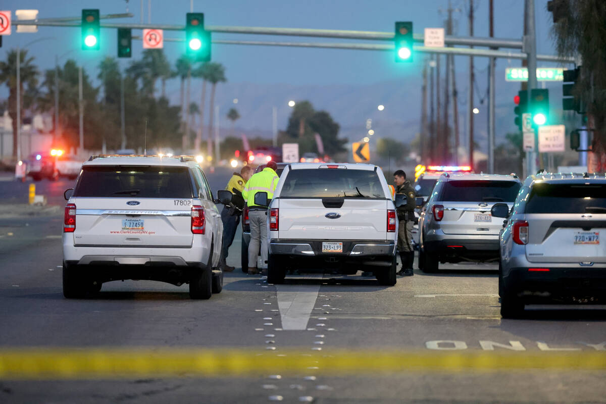 Police investigate a fatal crash involving a motorcycle and a RTC bus at Tropicana Avenue and J ...