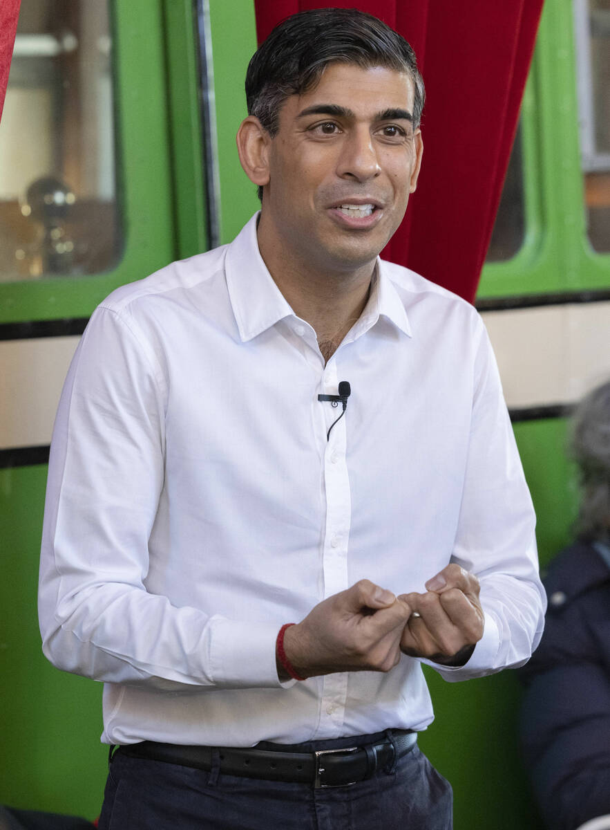 Britain's Prime Minister Rishi Sunak speaks during a visit to The Boatyard in Leigh-on-Sea, Ess ...