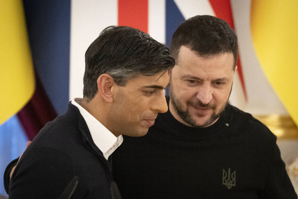 Britain's Prime Minister Rishi Sunak, left, and Ukrainian President Volodymyr Zelenskyy before ...