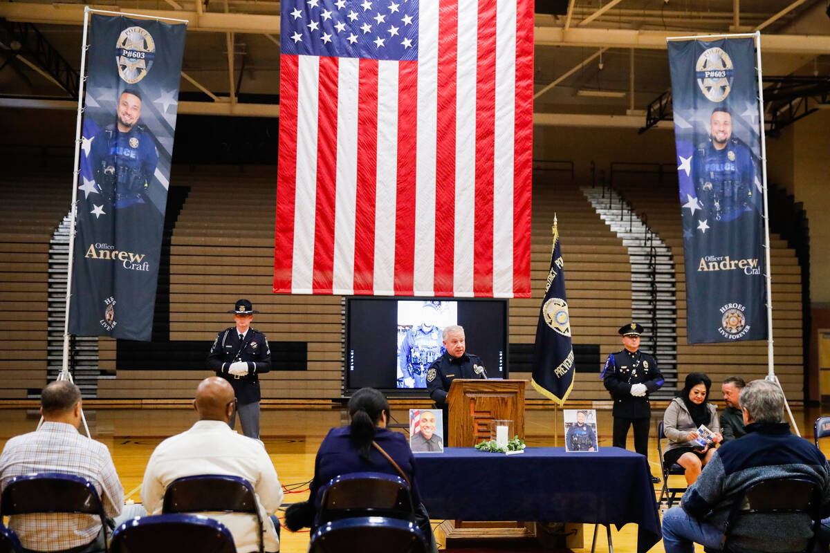 A vigil for CCSD Police Officer Andrew Craft, who recently died of a medical episode, is held o ...