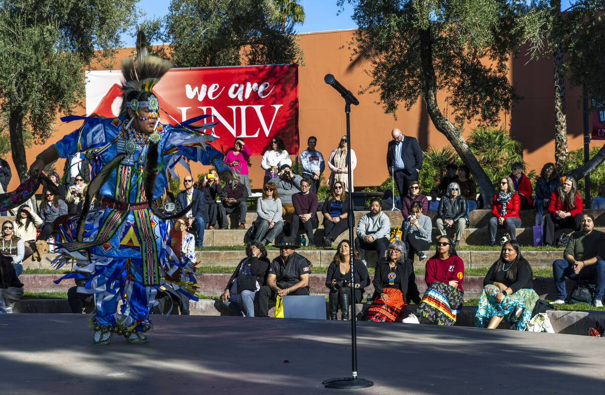 Navajo Keanu Bedonie performs grass dancing during an Intertribal Nations from Southern Nevada ...