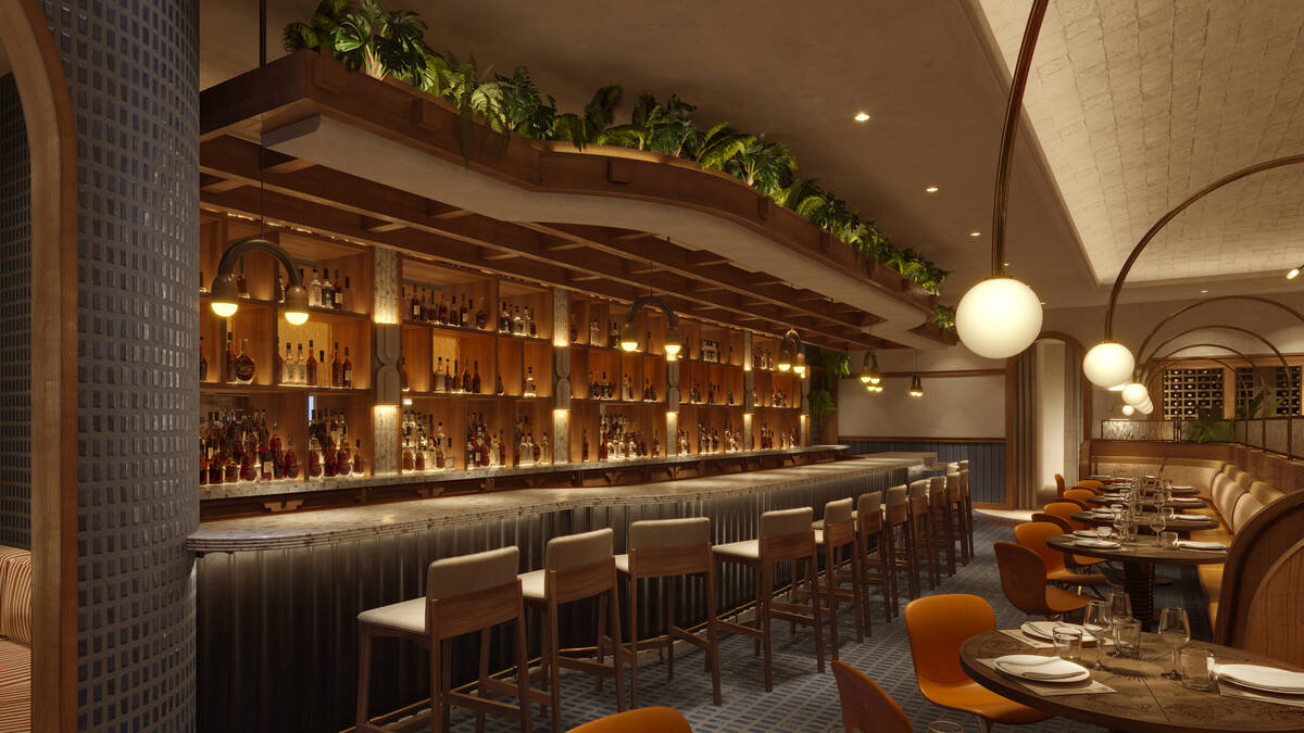 A rendering of the bar at Ortikia, a Mediterranean wood-fire grill set to open in spring 2024 a ...