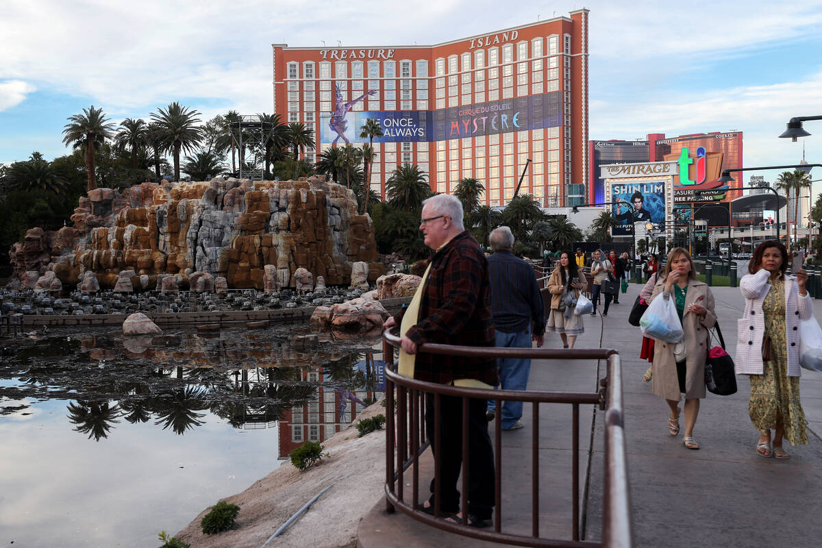 Passersby watch as construction is underway on the Mirage Volcano on Tuesday, Jan. 16, 2024, in ...