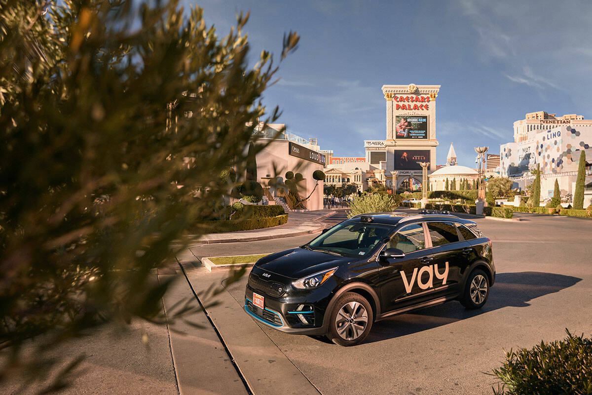 A Vay vehicle parks next to Caesars Palace in Las Vegas. (Vay)