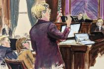 In this courtroom sketch, E. Jean Carroll, right, is questioned by her lawyer Roberta Kaplan, c ...