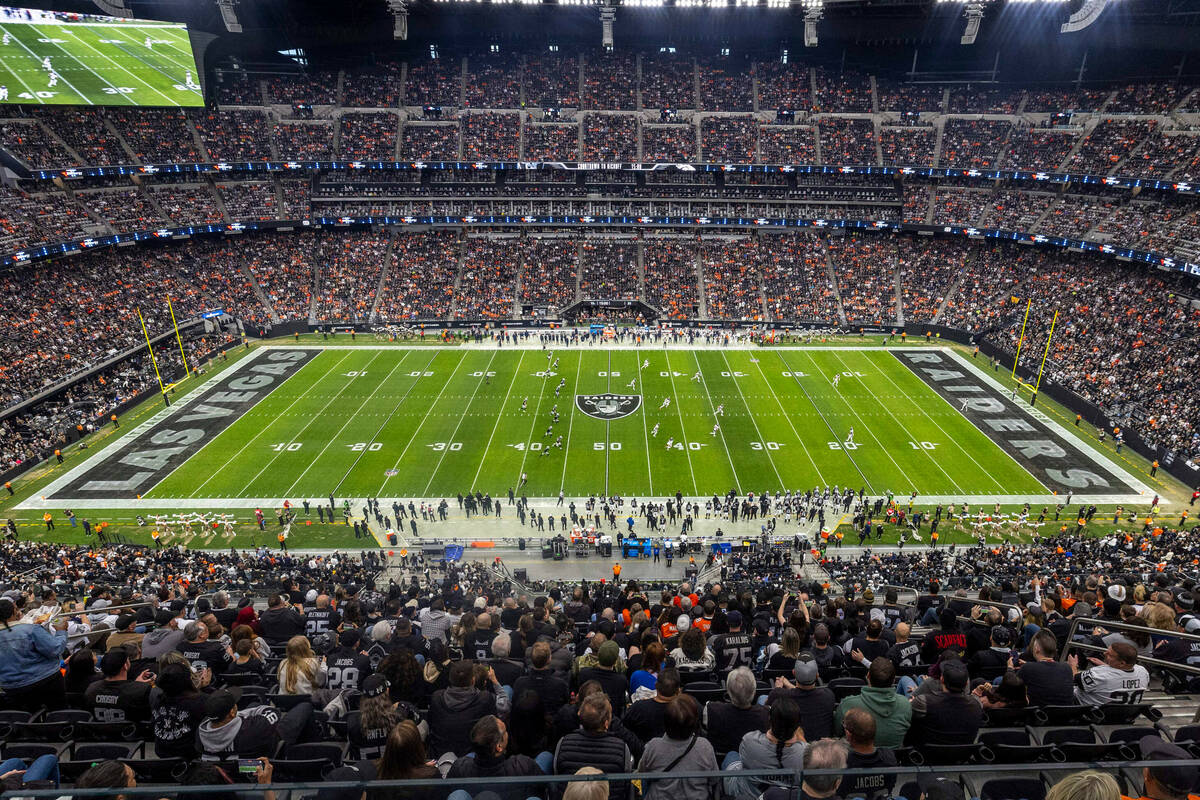 The Raiders kick off to the Denver Broncos in the first half of their NFL game at Allegiant Sta ...