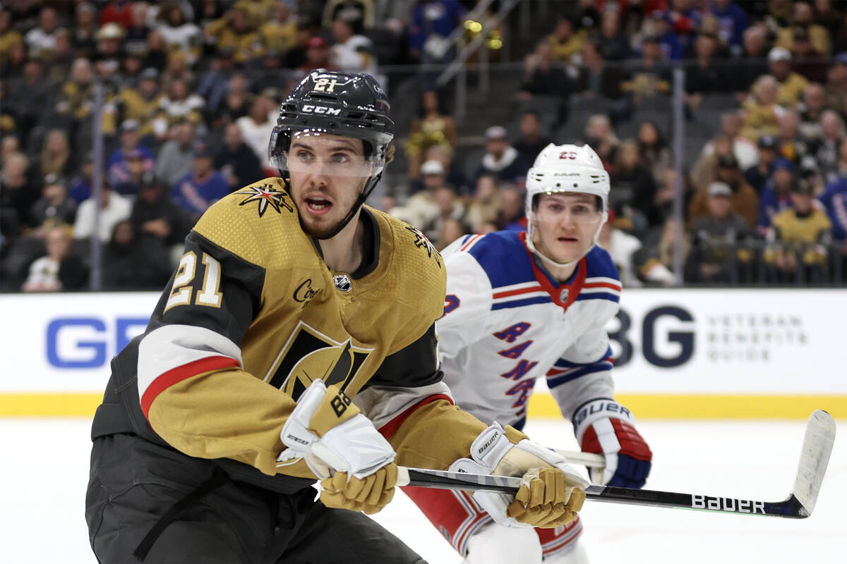 Golden Knights center Brett Howden (21) skates for the quick against Rangers defenseman Adam Fo ...