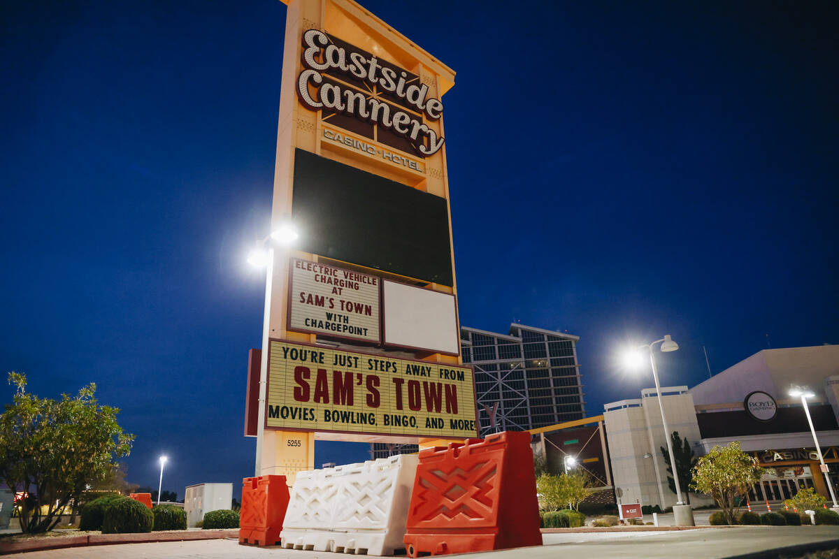 The Eastside Cannery parking lot is barricaded on Thursday, Jan. 18, 2024, in Las Vegas. (Madel ...