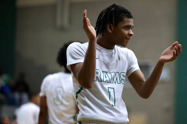 Rancho guard Jailen Childress (1) celebrates after scoring during the second half of a high sch ...