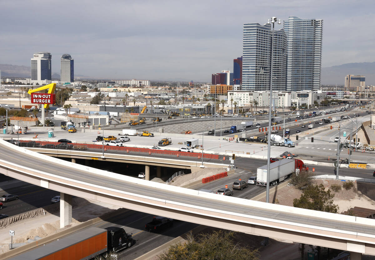 Construction is underway on the I-15/Tropicana Interchange, on Friday, Jan. 19, 2024, in Las Ve ...