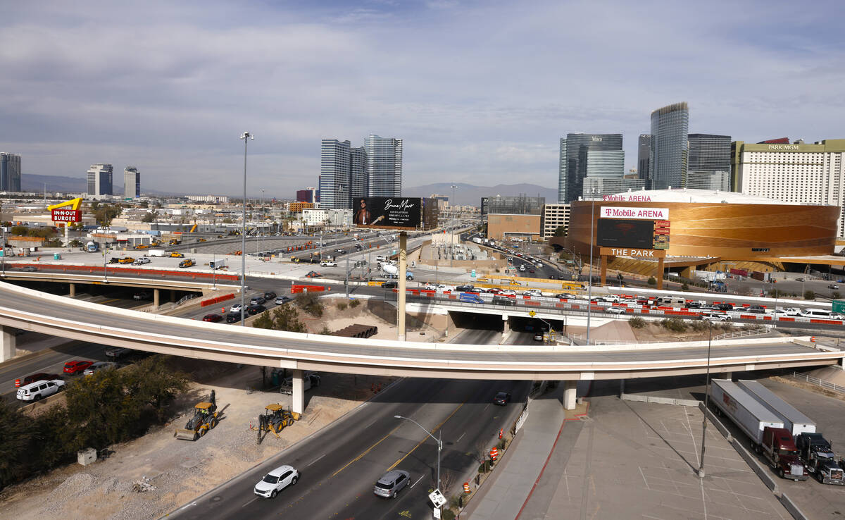 Construction is underway on the I-15/Tropicana Interchange, on Friday, Jan. 19, 2024, in Las Ve ...