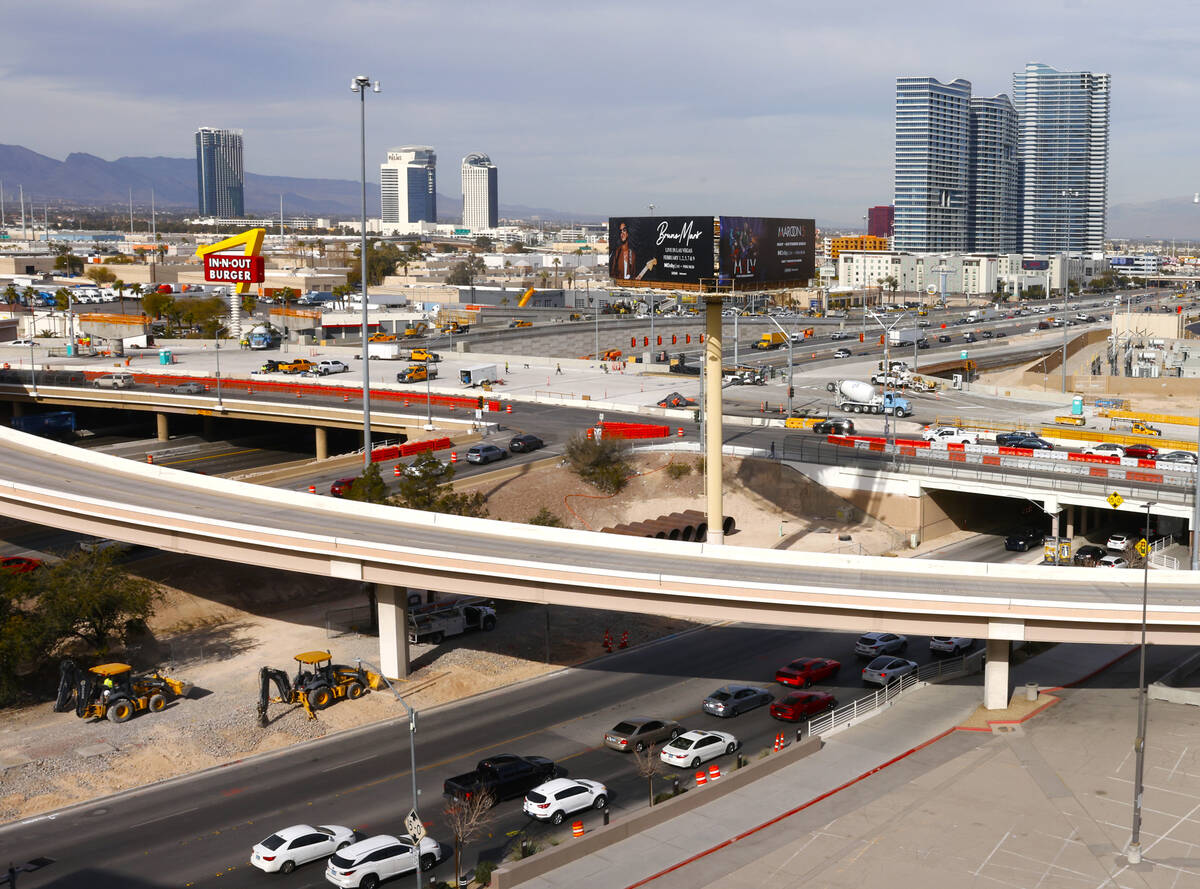 Construction is underway on the I-15/Tropicana Interchange, on Friday, Jan. 19, 2024, in Las Ve ...