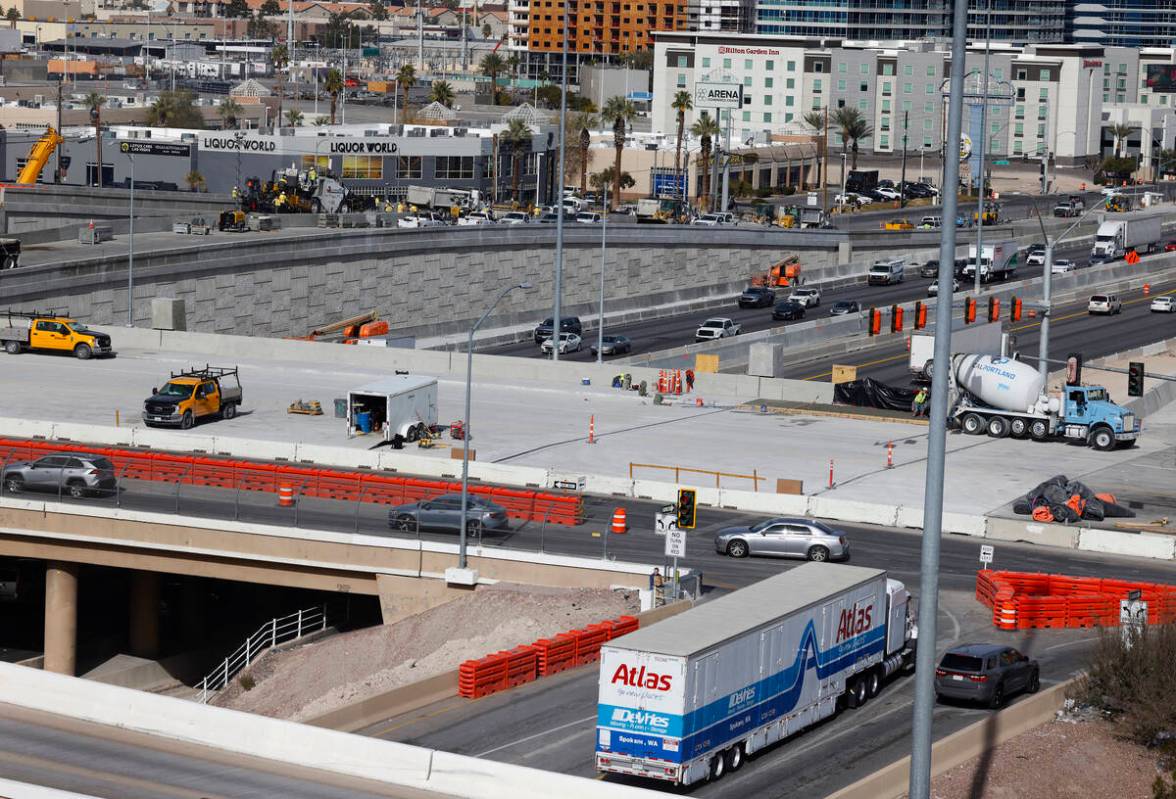 Construction is underway on the I-15/Tropicana Interchange, on Friday, Jan. 19, 2024, in Las Ve ...