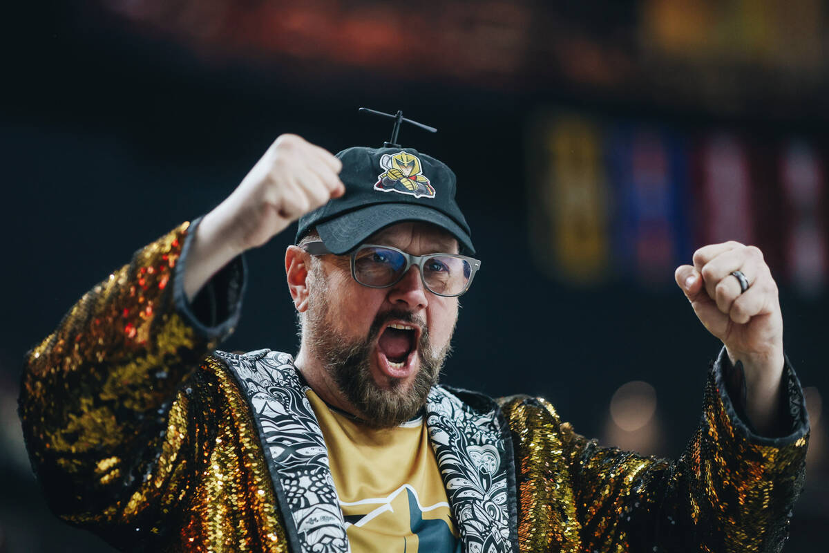 A Golden Knights fan celebrates a goal during a game at T-Mobile Arena on Saturday, Jan. 20, 20 ...