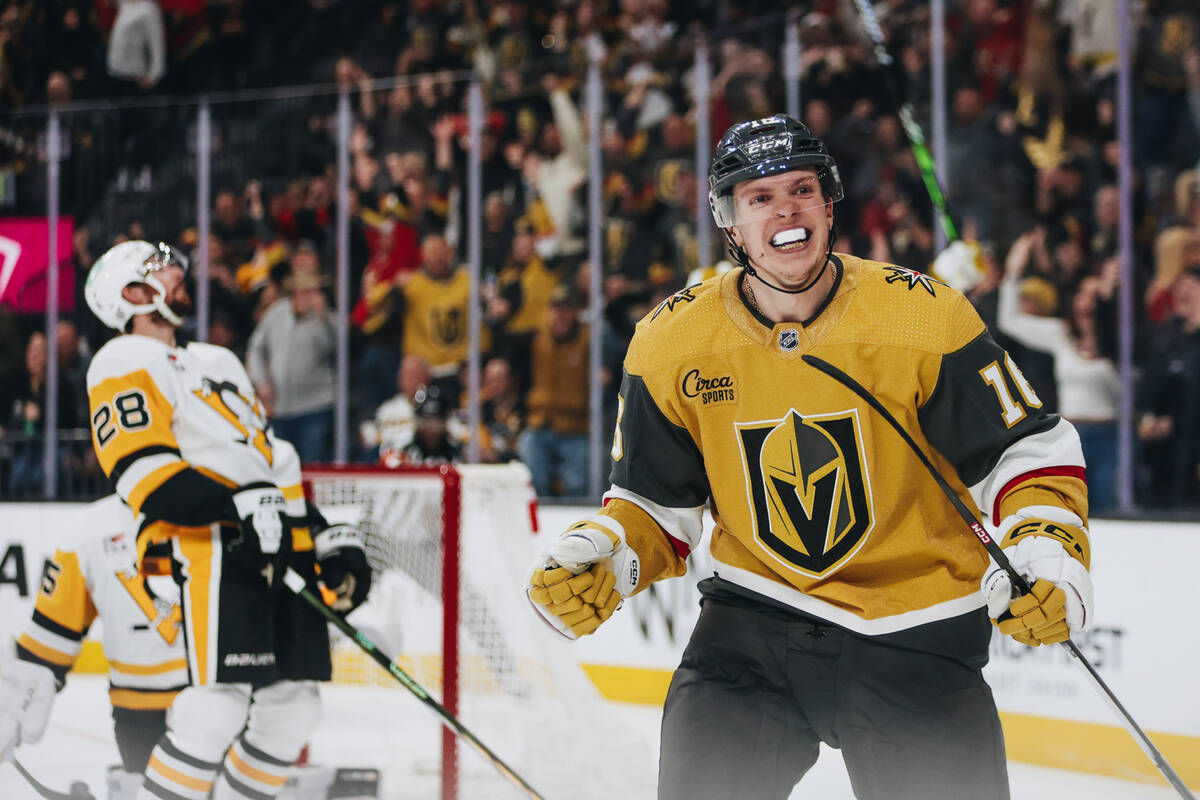 Golden Knights left wing Pavel Dorofeyev (16) celebrates a goal during a game against the Pitts ...