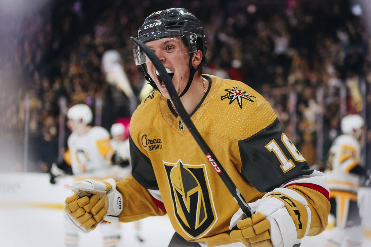 Golden Knights left wing Pavel Dorofeyev (16) celebrates a goal during a game against the Pitts ...