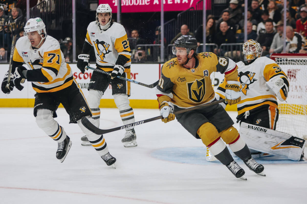 Golden Knights right wing Jonathan Marchessault (81) skates after the puck during a game agains ...