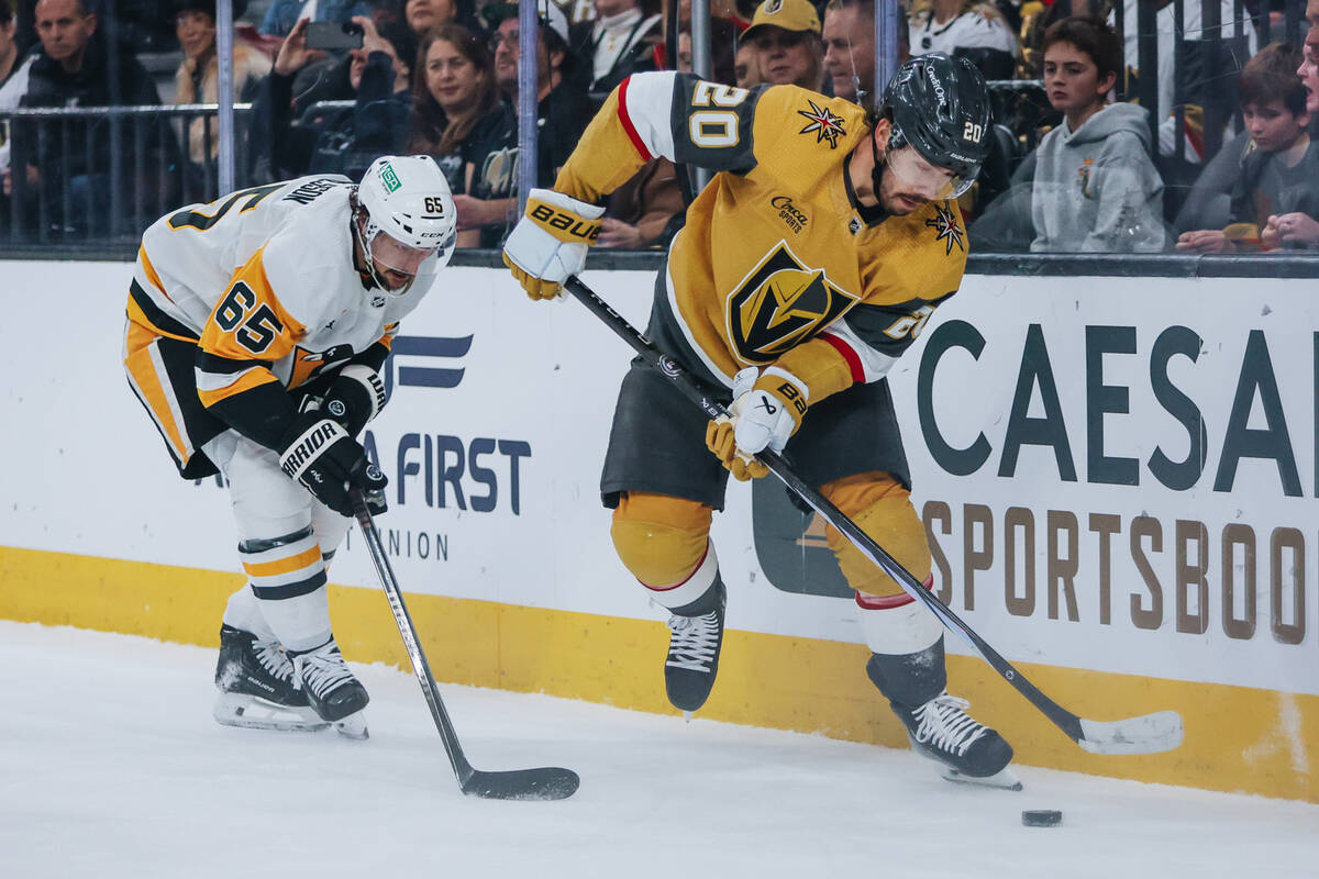 Golden Knights center Chandler Stephenson (20) skates after the puck during a game against the ...