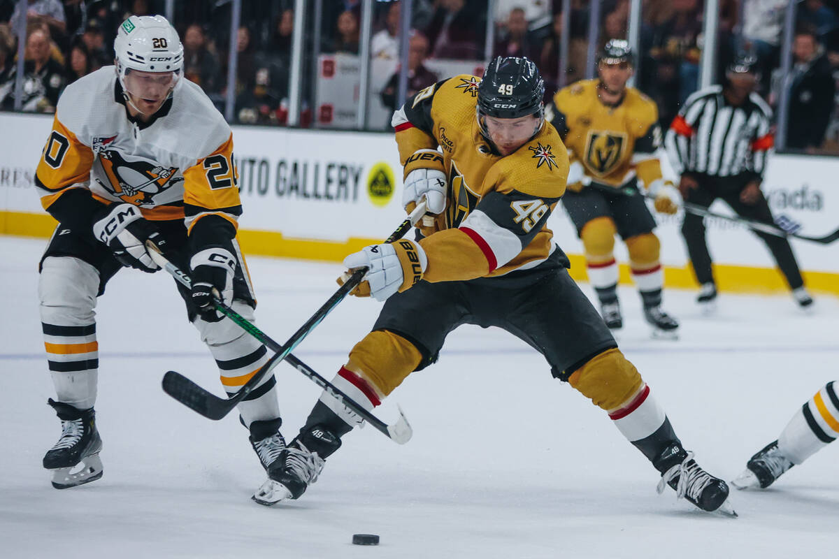 Golden Knights center Ivan Barbashev (49) skates after the puck during a game against the Pitts ...