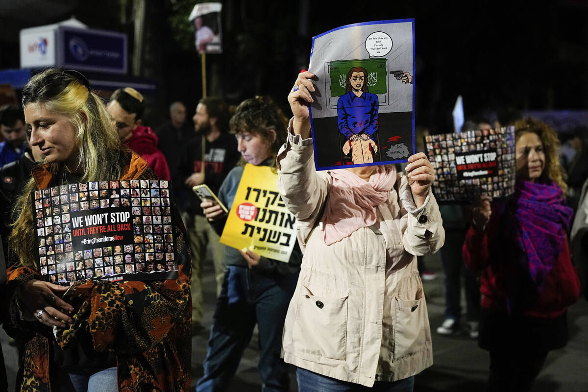 Relatives and supporters of the Israeli hostages held in the Gaza Strip by the Hamas militant g ...