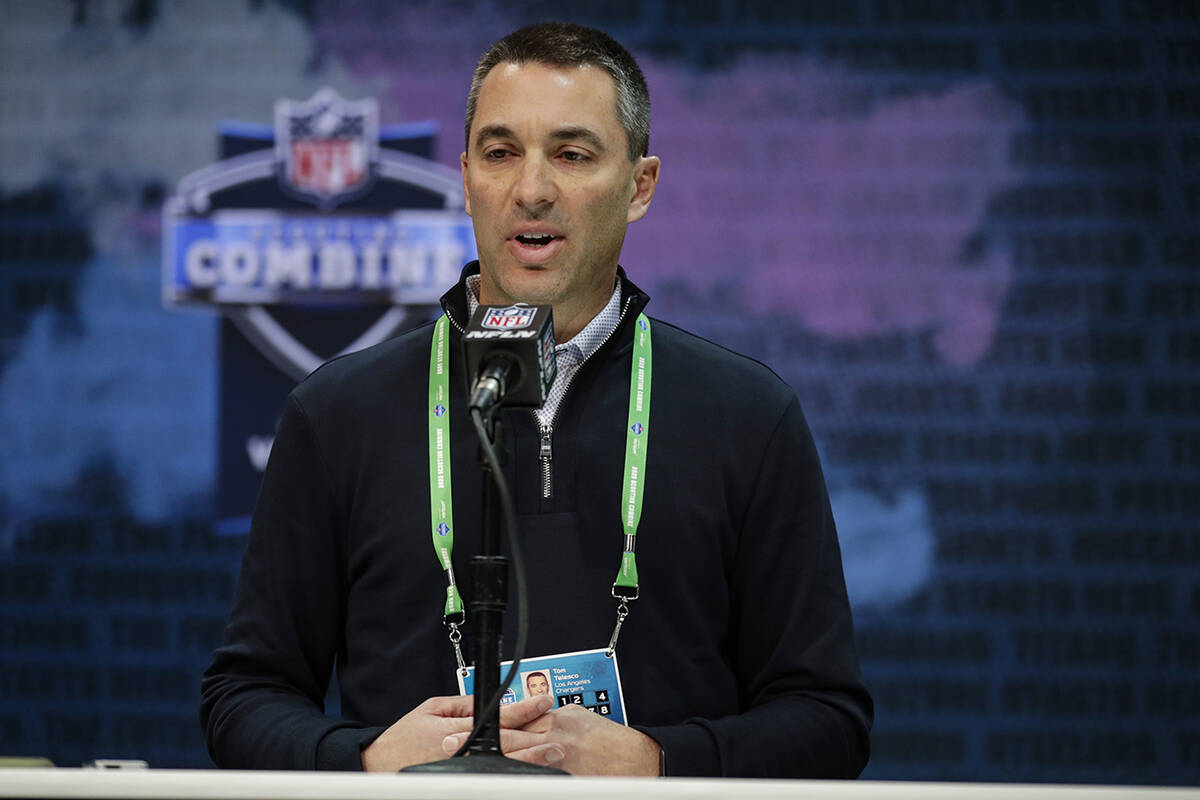 Los Angeles Chargers general manager Tom Telesco speaks during a press conference at the NFL fo ...