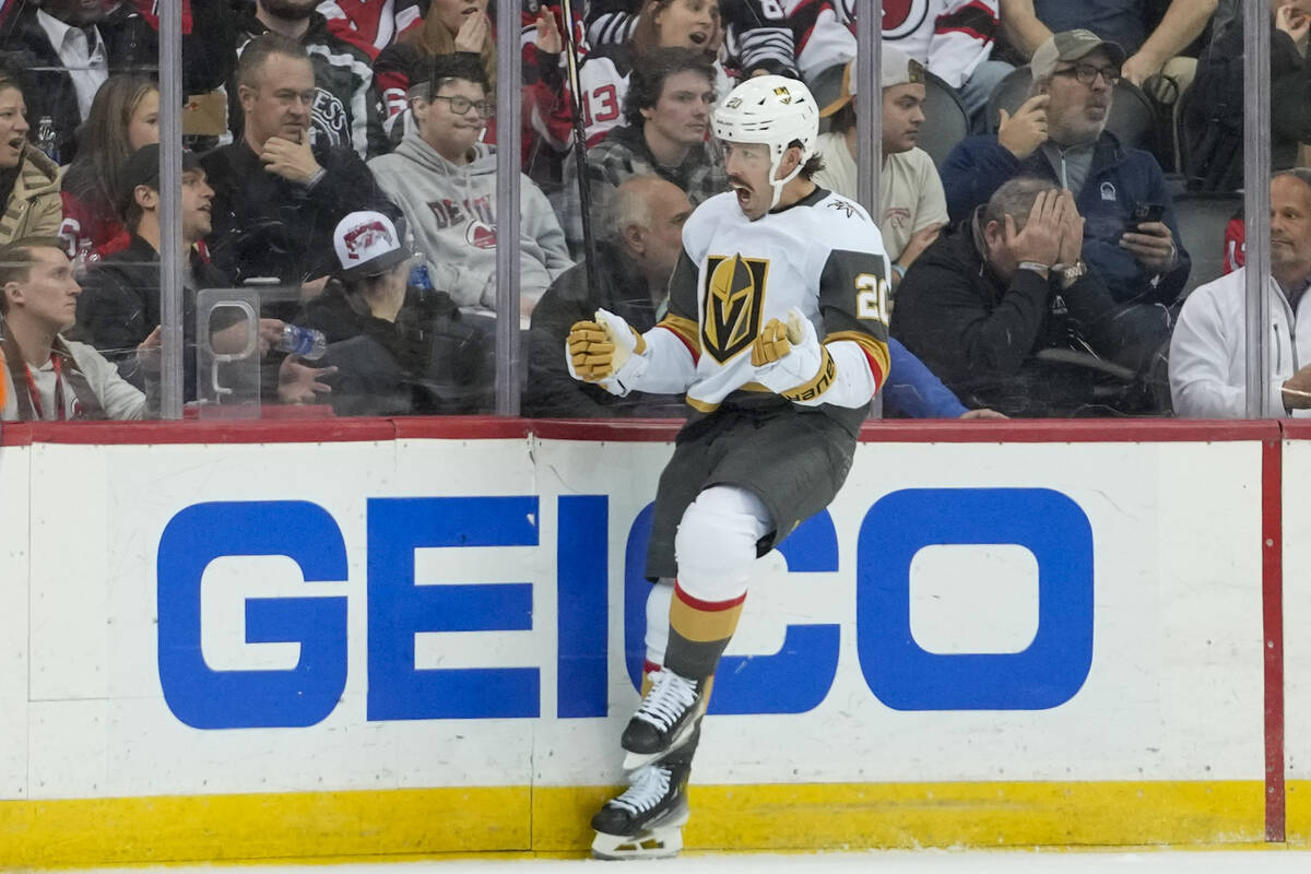 Vegas Golden Knights center Chandler Stephenson reacts after scoring against the New Jersey Dev ...