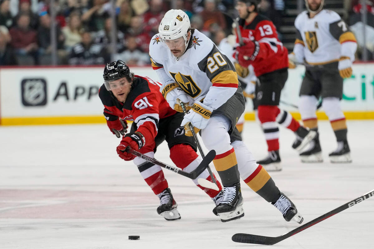 Vegas Golden Knights center Chandler Stephenson (20) skates against New Jersey Devils center Da ...