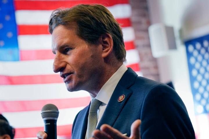 Democratic presidential candidate Rep. Dean Phillips, D-Minn., gestures while addressing a gath ...