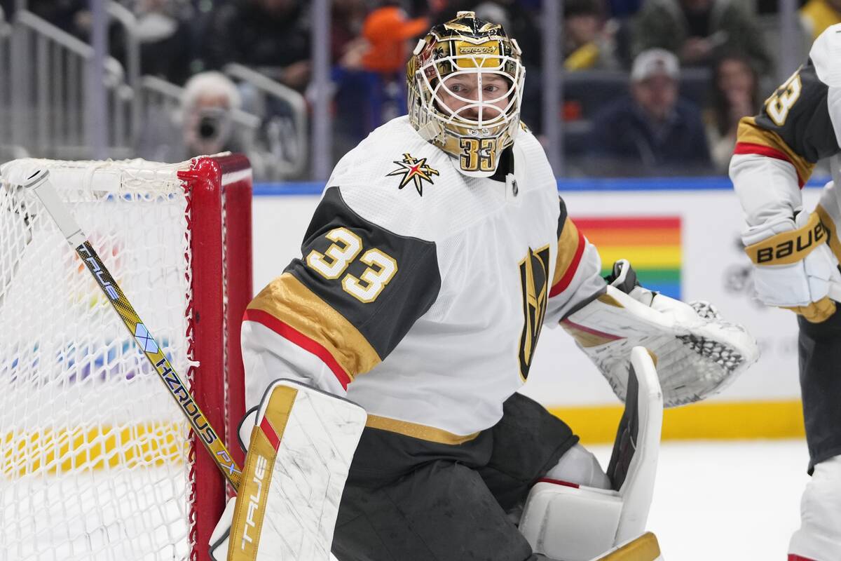 Vegas Golden Knights goaltender Adin Hill protects the net during the second period of the team ...