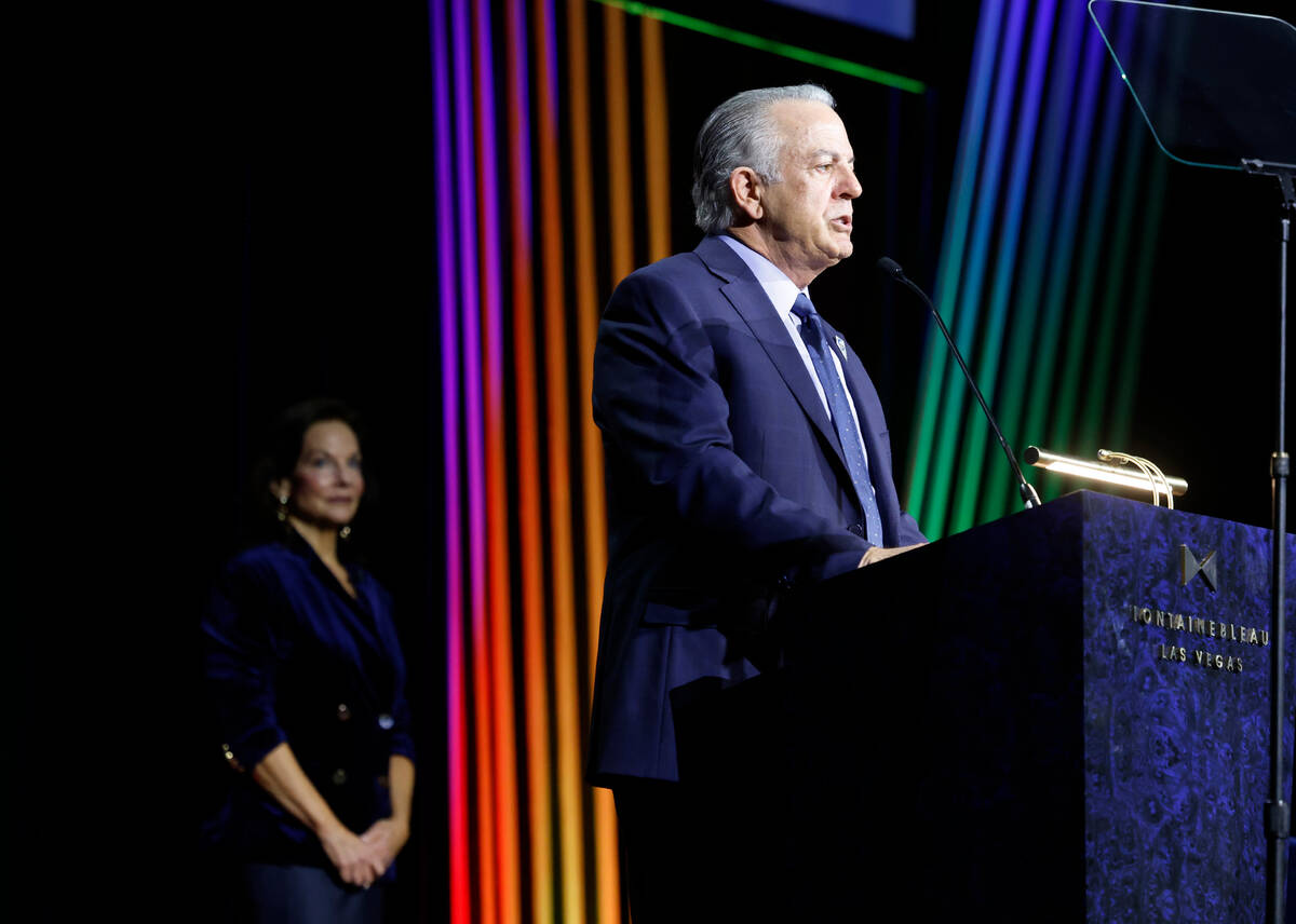 Gov. Joe Lombardo speaks as Mary Beth Sewald, president and CEO of the Las Vegas Chamber of Com ...