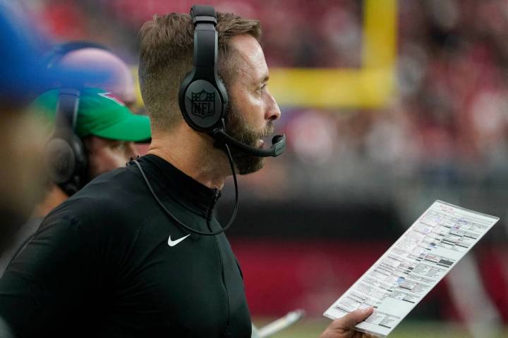 Arizona Cardinals head coach Kliff Kingsbury calls a play during the second half of an NFL foot ...