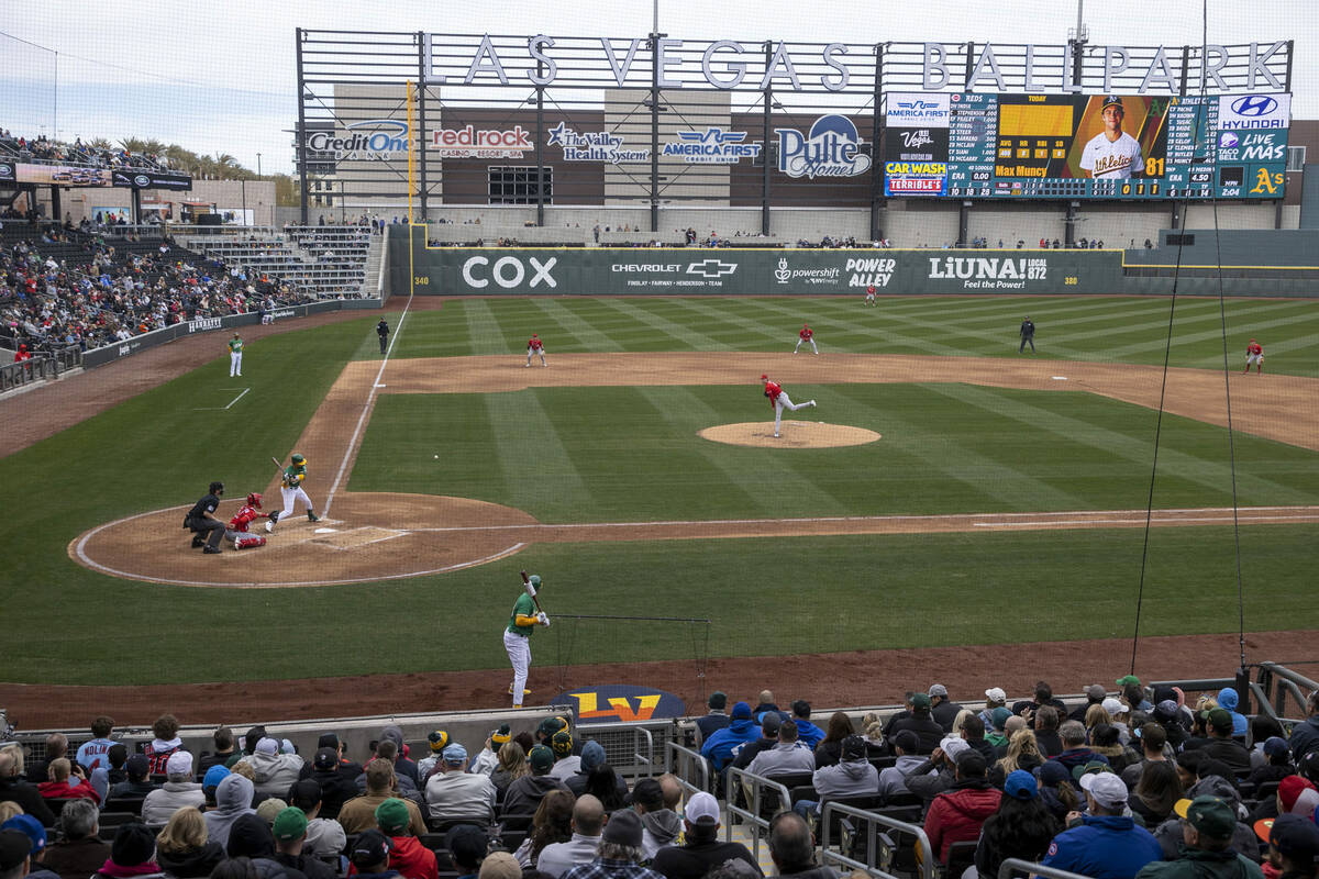 An overview of a baseball game between the Oakland Athletics and the Cincinnati Reds during the ...