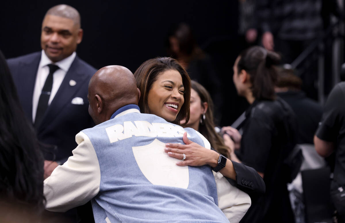 Raiders President Sandra Douglass Morgan greets guests before a press conference to introduce A ...