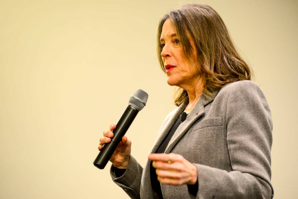 Democratic presidential hopeful Marianne Williamson speaks a campaign stop at the Keene Public ...