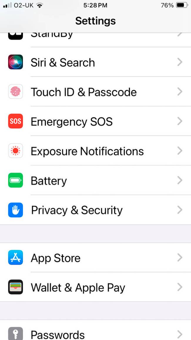 This screenshot shows where to find the Stolen Device Protection on the iPhone SE settings menu ...