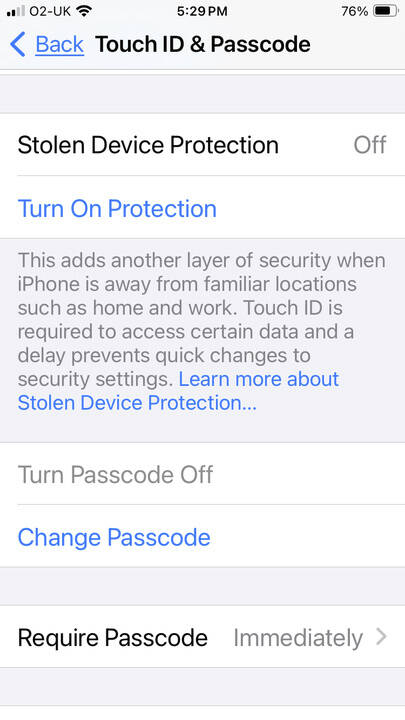 This undated screenshot shows the location of the new iPhone Stolen Device Protection setting o ...