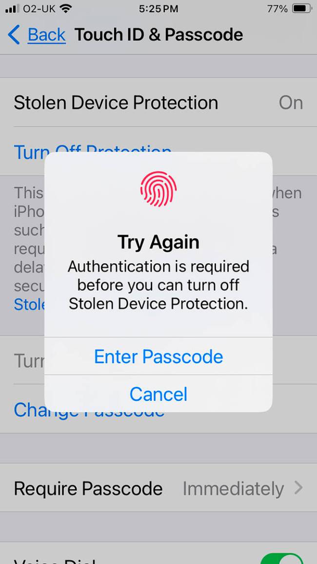 This screenshot shows the prompt requiring a fingerprint to turn off the Stolen Device Protecti ...