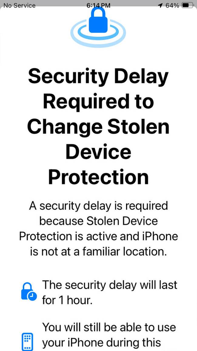 This screenshot shows the security delay feature on Apple's stolen device protection update for ...